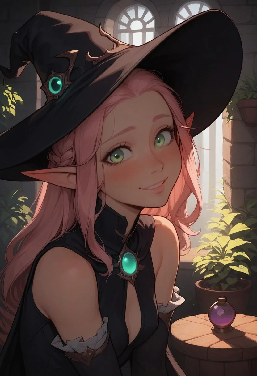 safe_pos, score_9, score_8_up, score_7_up, score_6_up, Expressiveh, sfw
very aesthetic, (beautiful elf woman), cute, sexy, hot, blush, flushed, blushing, potion room, potted plants, godrays, bokeh:1.2, pink ponytail, pink hair, hair tendrils on either side of her face, black witch hat, sexy expression, seductive face, head tilted slightly down, small breasts, black witch outfit, shy, perfect eyelashes, seduction, seductive eyes, smile, happy, (perfect eyes:1.3, wide eyes, detailed eyes, amazing eyes, glowing light green eyes, beautiful green eyes), (face focus, face), (shy smile:1.4), arched back, white brick arch, she glows, glowing