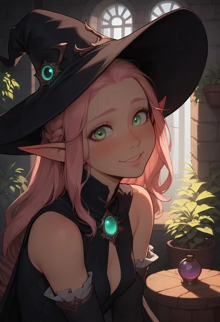 safe_pos, score_9, score_8_up, score_7_up, score_6_up, Expressiveh, sfw
very aesthetic, (beautiful elf woman), cute, sexy, hot, blush, flushed, blushing, potion room, potted plants, godrays, bokeh:1.2, pink ponytail, pink hair, hair tendrils on either side of her face, black witch hat, sexy expression, seductive face, head tilted slightly down, small breasts, black witch outfit, shy, perfect eyelashes, seduction, seductive eyes, smile, happy, (perfect eyes:1.3, wide eyes, detailed eyes, amazing eyes, glowing light green eyes, beautiful green eyes), (face focus, face), (shy smile:1.4), arched back, white brick arch, she glows, glowing
