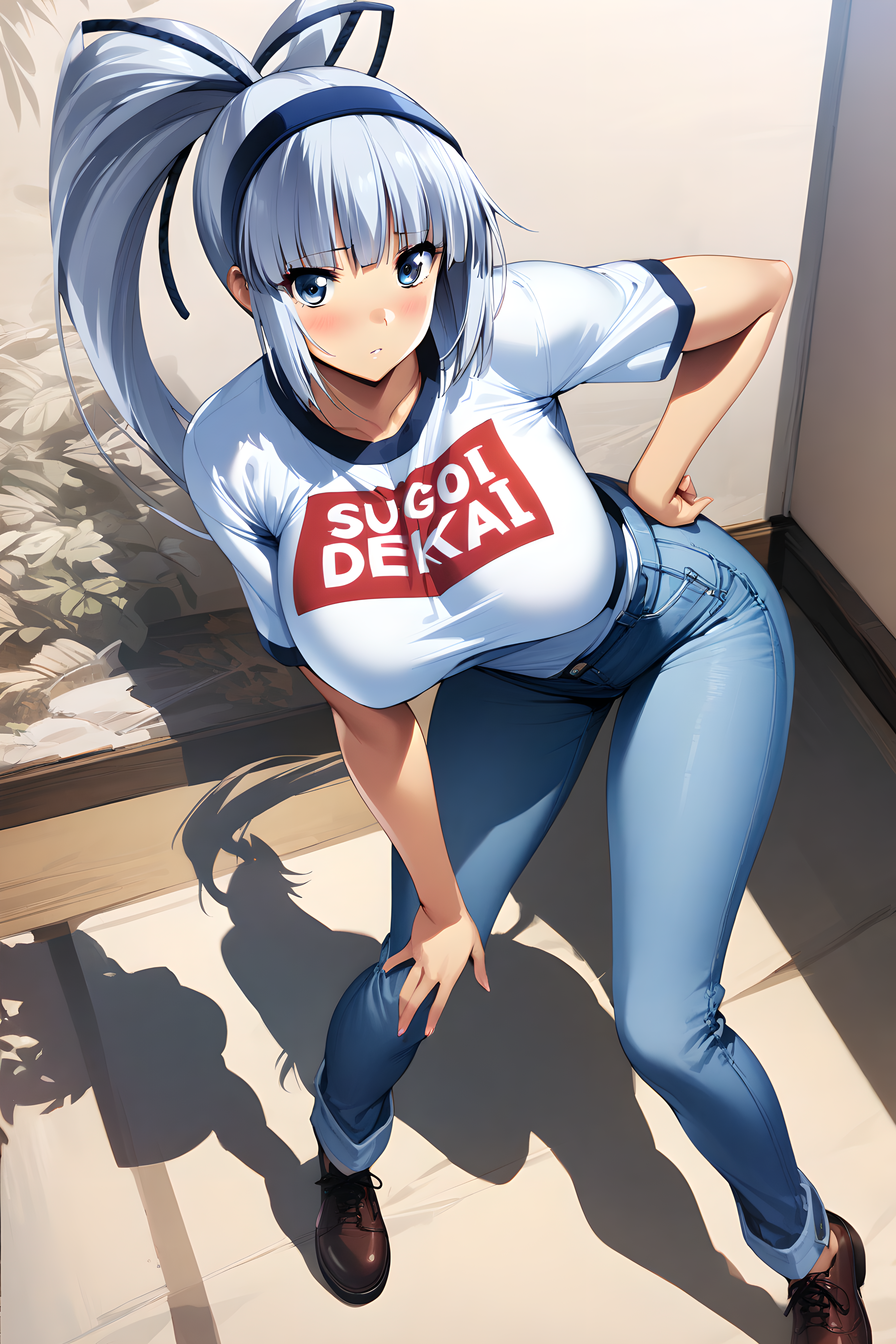 (masterpiece),(best quality),(ultra-detailed),(best illustration),(best shadow),(absurdres),(detailed background),(very aesthetic), mina majikina, silver hair, blue eyes, large breasts, full body, casual outfit, t-shirt, jeans, sugoi dekai,   <lora:XL-MinaMajikinav1:1>