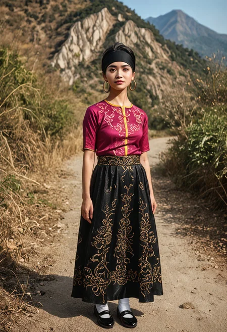 yao people, yao, chinese, solo, ethnic minority, hunan, 1girl, ((small black turban)), sarafan, (bright magenta silk tunic) ((embroidered)), realistic, detailed, ((intricate embroidery in white and black thread)), ((big silver hoop earrings)), ((black hair)), (dark black skirt), (black leggings), short white socks, small black opentop shoes, 24 years old, mountains, pathway, standing