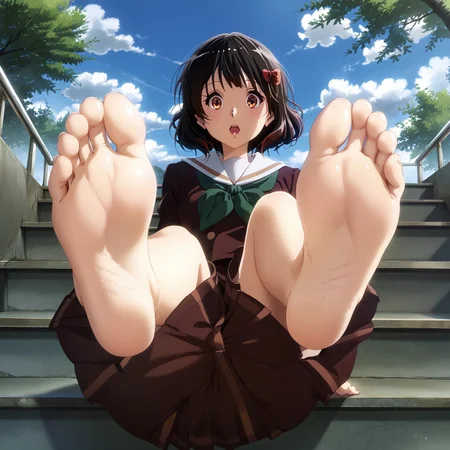 safe_pos, kanade hisaishi, short hair, bangs, black hair, red eyes, bow, hair bow, red bow, medium breasts, skirt, shirt, long sleeves, school uniform, pleated skirt, serafuku, neckerchief, brown skirt, white sailor collar, brown shirt, green neckerchief, outdoors, stairs, open mouth, surprised, from below, soles, foot focus, toes, foreshortening, close up, toe scrunch, looking at viewer