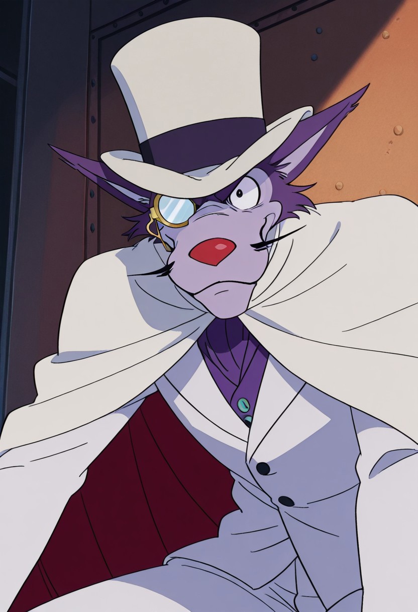 score_9, score_8_up, score_7_up, score_6_up
,
1boy, solo, Professor Moriarty, wolf, white pants, furry, white jacket, white cape, monocle on eye, white bowler hat, whiskers, red nose, ears spread out, Anime, male, purple body