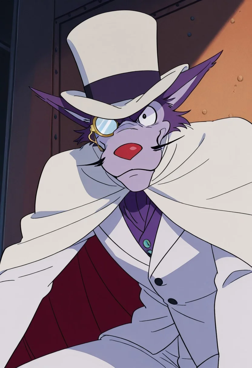 score_9, score_8_up, score_7_up, score_6_up
,
1boy, solo, Professor Moriarty, wolf, white pants, furry, white jacket, white cape, monocle on eye, white bowler hat, whiskers, red nose, ears spread out, Anime, male, purple body