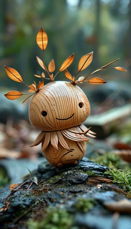 Little cute wood kodama spirit creature, long wooden petals and mud, sitting on top of a log, smiling, happy, night scene, backlit, by  [Alexander Archipenko, Rufino Tamayo, Picasso, Robert Delaunay], fantasy art, abstract, surreal