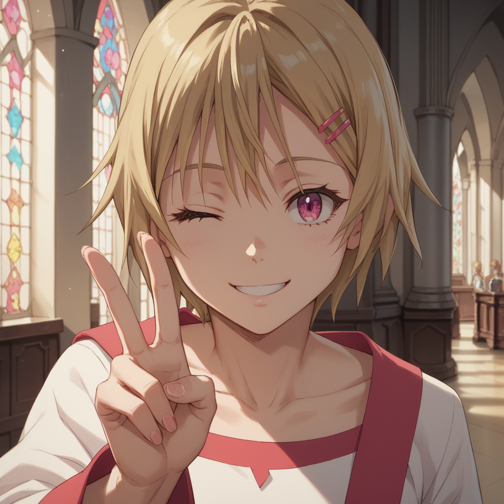 <lora:SlimesTiss:1>, score_9, score_8_up, score_7_up, slimes_tiss, woman, solo, magenta eyes, blonde hair, hair clips, straight on POV, smiling, winking, peace handsign, one hand behind back, castle interior background