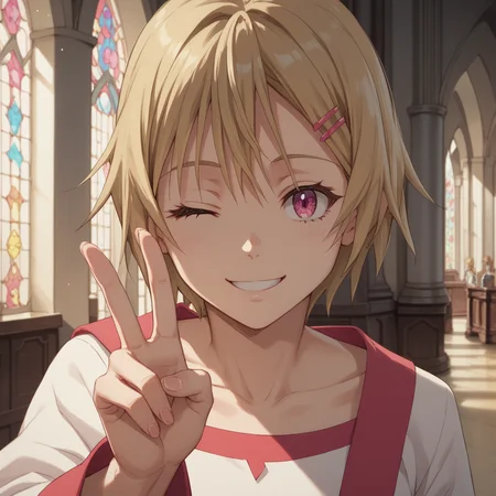 <lora:SlimesTiss:1>, score_9, score_8_up, score_7_up, slimes_tiss, woman, solo, magenta eyes, blonde hair, hair clips, straight on POV, smiling, winking, peace handsign, one hand behind back, castle interior background