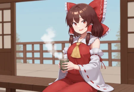 best quality, hires, cowboy shot, sitting,
1girl, hakurei reimu, holding cup, cup, steam, tea, smile, open mouth,
blue sky, wood, lookg at viewer,