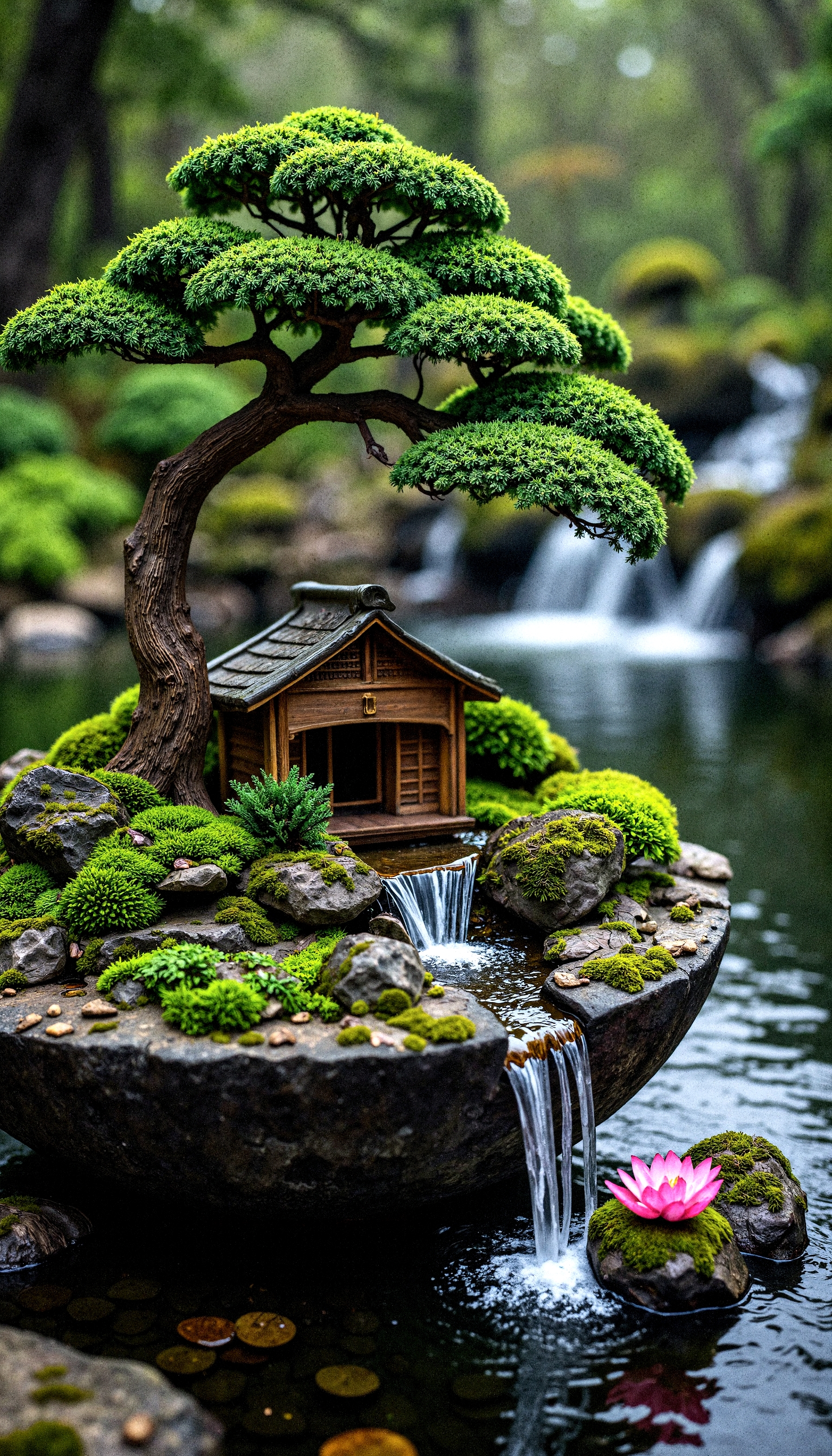"A tranquil scene of a traditional Japanese teahouse set within a moss-covered teacup, surrounded by flowing waterfalls and blooming lotus flowers. The cascading water streams over layered rocks, creating a calming soundscape as it empties into a dark pool below. The teacup’s glossy surface reflects its serene environment, while a majestic bonsai tree spreads its leafy canopy overhead. Soft, atmospheric lighting highlights the lush greenery and delicate pink petals, evoking a sense of peace and harmony."
 <lora:FluxDFaeTasticDetails:0.2> <lora:aidmaHyperrealism-FLUX-v0.3:0.8>