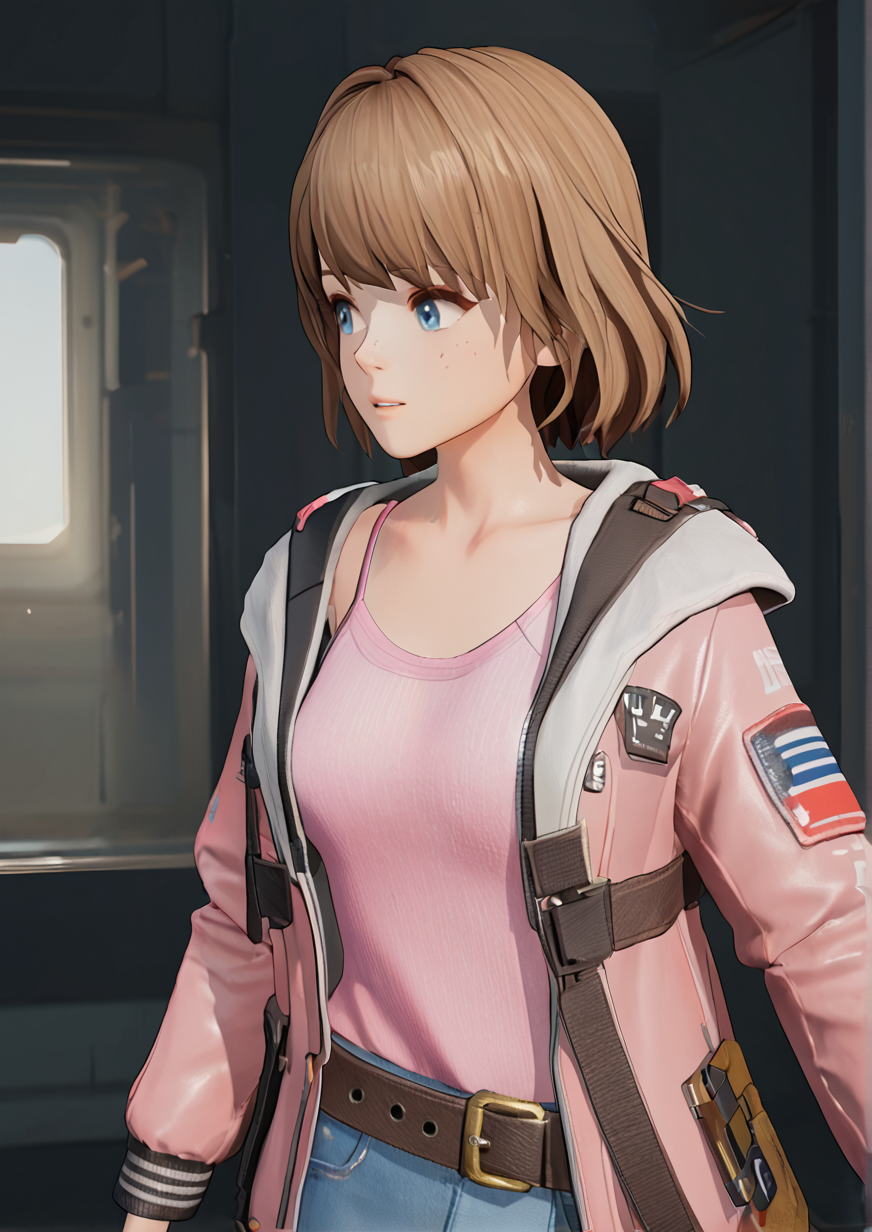 1girl, max caulfield, huge breast, 3d, belt, belt over shoulder, blue eyes, brown belt, brown hair, collarbone, freckles, jacket, looking to the side, open clothes, open jacket, pink jacket, pink shirt, shirt, short hair, signature, solo, upper body, zPDXL3  <lora:Girls_Frontline_2_Exiliumå°å¥³åçº¿2è¿½æ¾_3d_game_style:1>