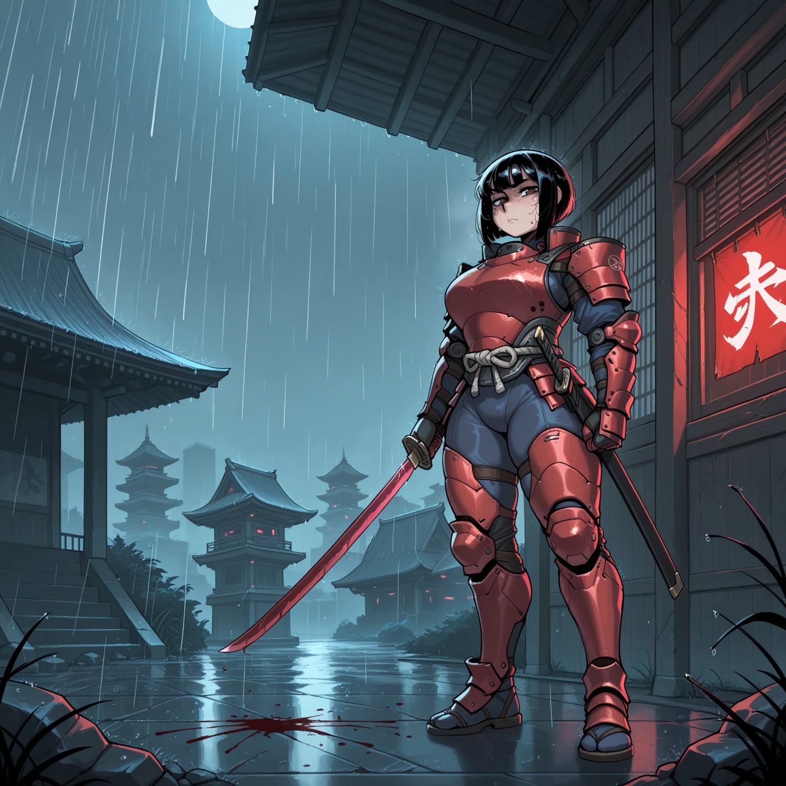 safe_pos, masterpiece, best quality, amazing quality, very aesthetic, absurdres, newest, dinamic scene, krekkov style, (Close Up), 1girl, solo, looking at viewer, bob cut, dark hair, brown eyes, large breasts, (((futuristic red samurai armor))), full body armor, red blade katana, sheathless katana, blood on blade, standing, posing, holding weapon, Japanese temple, outside, rain, (((cyberpunk setting)))