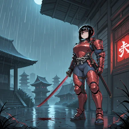 safe_pos, masterpiece, best quality, amazing quality, very aesthetic, absurdres, newest, dinamic scene, krekkov style, (Close Up), 1girl, solo, looking at viewer, bob cut, dark hair, brown eyes, large breasts, (((futuristic red samurai armor))), full body armor, red blade katana, sheathless katana, blood on blade, standing, posing, holding weapon, Japanese temple, outside, rain, (((cyberpunk setting)))