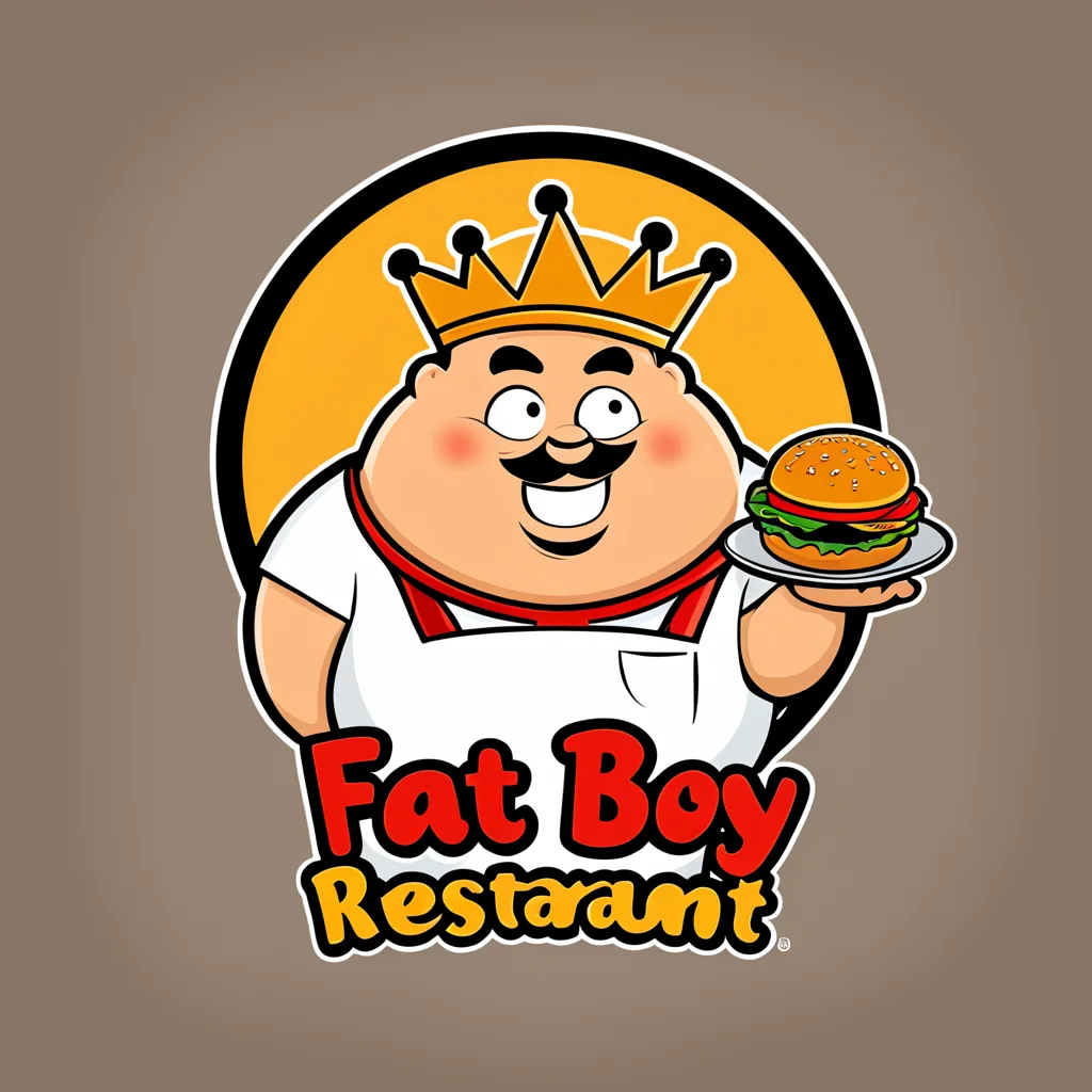 logomkrdsxl, catoon of a fat man witha burger, logo, vector, text "Fat boy burgers restaurant", <lora:logomkrdsxl:1>, best quality, masterpiece, cute