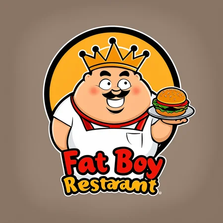 logomkrdsxl, catoon of a fat man witha burger, logo, vector, text "Fat boy burgers restaurant", <lora:logomkrdsxl:1>, best quality, masterpiece, cute