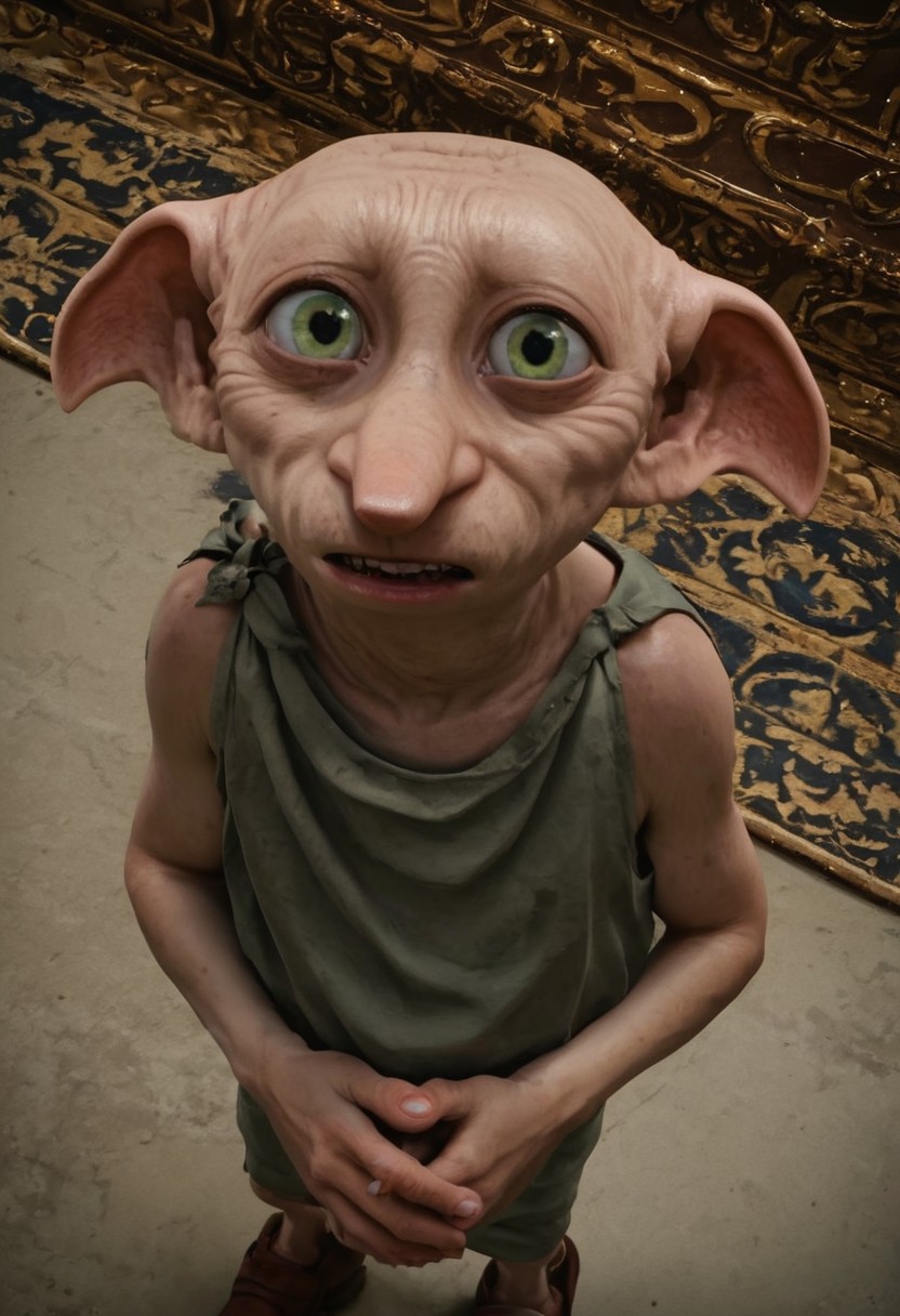 dobby_free, 1male, short, bald, large green eyes, long nose, long pointed ears, pale skin, sleeveless light grey rags clothes, brown shoes, score_8_up, score_7_up, BREAK, solo, looking at viewer, scared, from above, hands together, head tilt, male focus, looking at viewer, detailed background, 4k, masterpiece, best quality, highly detailed, realistic, 3d, high angle shot,