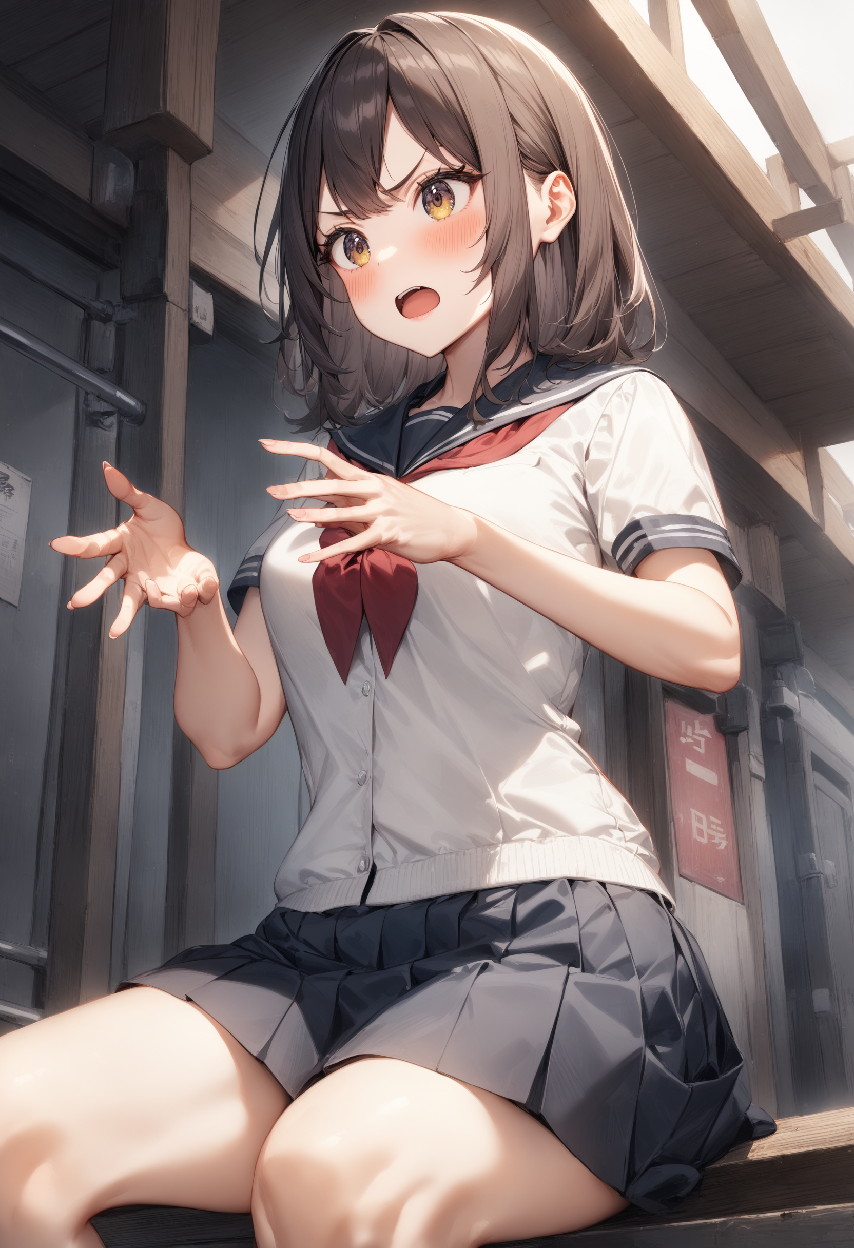 1girl, <lora:sdxl2-flat2-512b:-1>,medium breasts,school uniform,
potters wheel pose,<lora:potterswheelpose_XL_v1:0.7>open mouth, hands up, outstretched hand, sitting, looking away,
from below, cowboy shot,  annoyed, railway track,
masterpiece, best quality, very aesthetic, absurdres