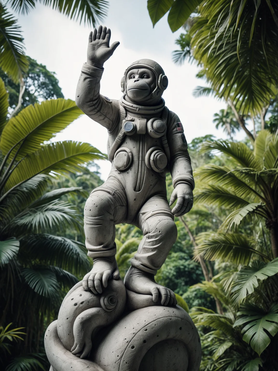 statue of astronaut made of mad-concrete in lush jungle,monkeys climbing on statue,<lora:Concrete_Style_SDXL:1.0>, masterpiece, best quality, ultra high res, (photorealistic, realistic:1.2), deep shadow, raw photo, film grain, Fujifilm XT3, 8k uhd, dslr