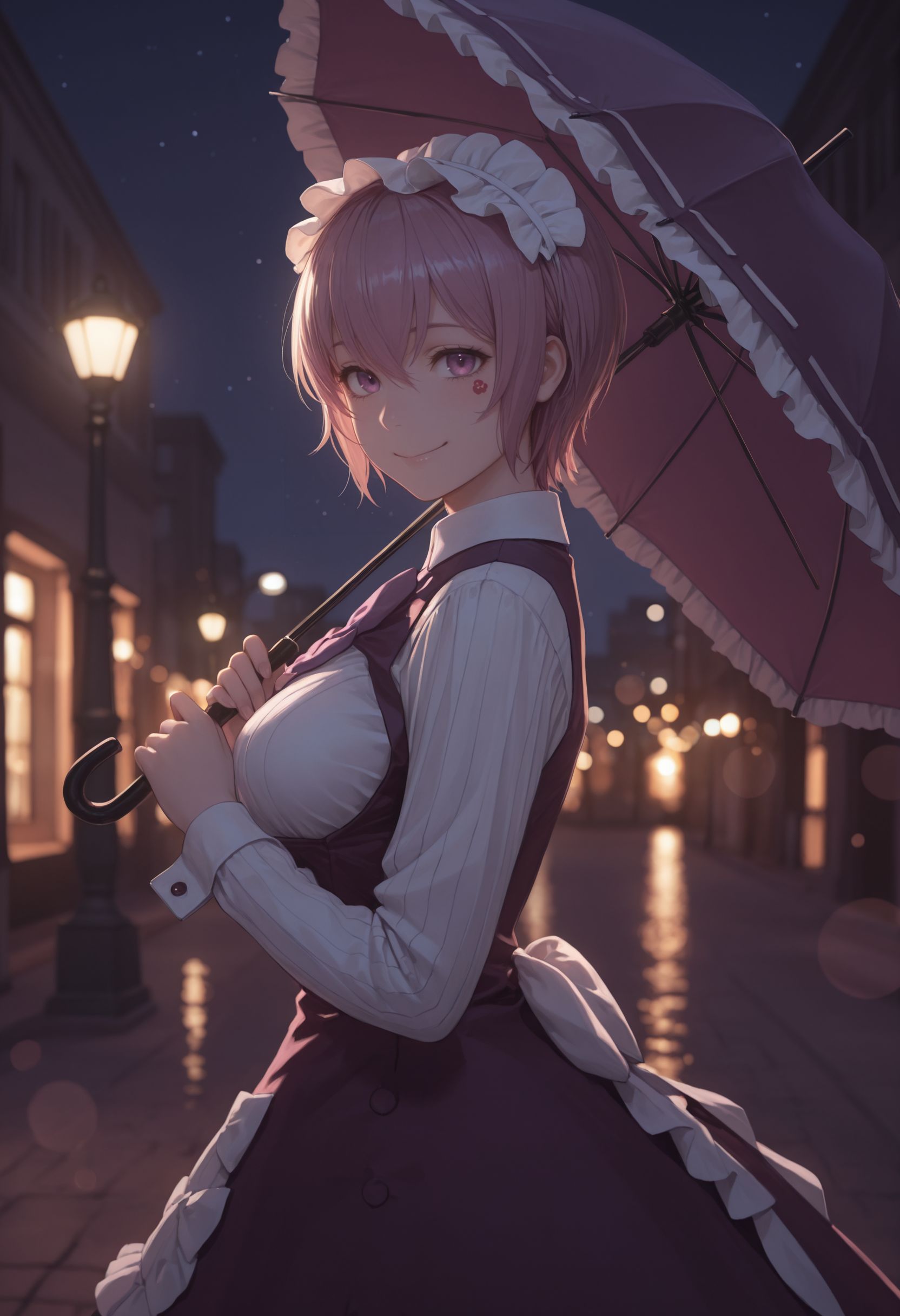 masterpiece,best quality,absurdres,highres,very aesthetic,high quality,detailed,insanely detailed,beautiful,perfect lighting, ,depth of field,blurry background,bokeh, looking at viewer,
<lora:Sakuragi Naruha Illu :1> lamppost, short hair, 1girl, outdoors, night sky, smile, building, maid headdress,purple,  dress, umbrella