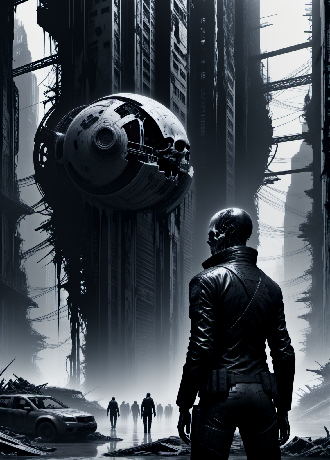 rsmls,a zombie outbreak in a futuristic city,monochrome,masterpiece,messy,surreal,abstract,high contrast,awardwinning,8k,trending on artstation and deviantart <lora:RussMillsXL:0.8>