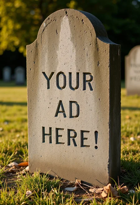 photo of a tombstone with the inscription text "YOUR AD HERE!", set in a graveyard, golden hour<>