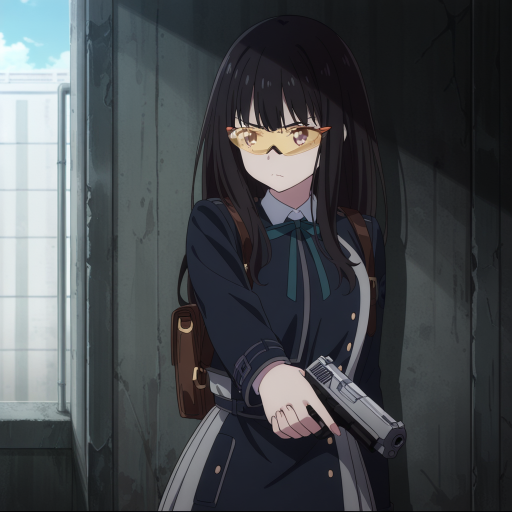 nsfw, masterpiece,best quality,amazing quality,1girl, solo, lycoris_recoil_takina_lnoue, gun, black hair, lycoris uniform, handgun, long hair, holding gun, purple eyes, bangs,shirt, collared shirt, tinted eyewear, white shirt, dress, blue dress, two-tone dress, yellow-tinted eyewear, closed mouth, <lora:Takina_Inoue_-_Lycoris_Recoil:0.7>