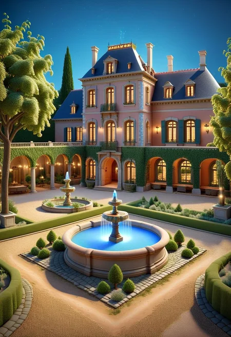 ispzxll, diorama, isometric, miniature, french mansion courtyard, gardens, gravel, dirt, well kept, tree, fountain, spraying, water, scenery, decoration, volumetric lighting, 8k, epic