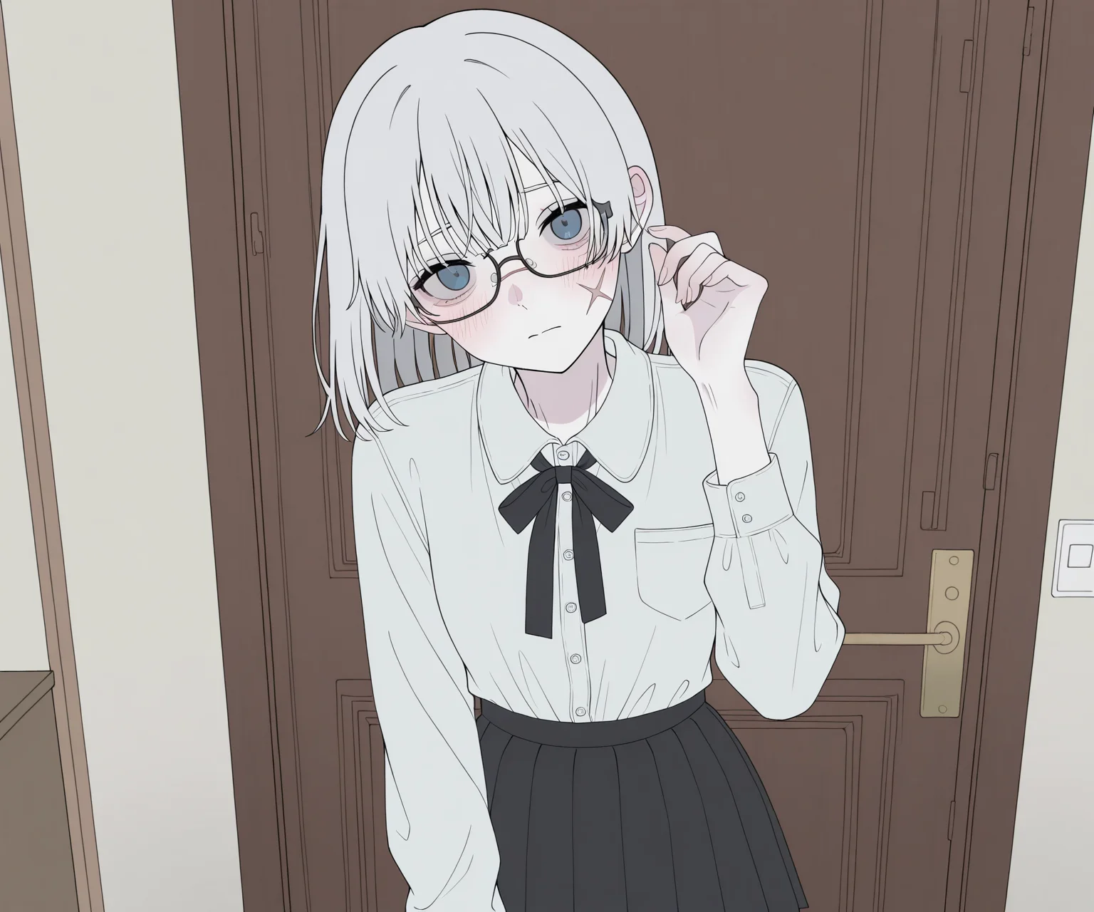 masterpiece, best quality, amazing quality, , 1girl, solo, glasses, scar on face, looking at viewer, shirt, skirt, <lora:Happiiakujikijp ILL-v2:1> happiiakujikijp, detailed background