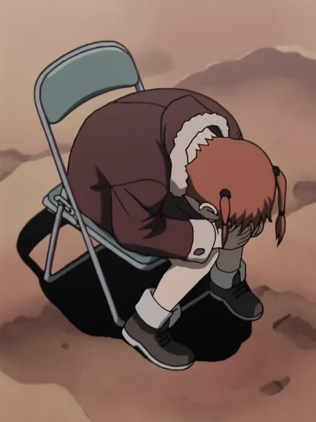 score_9, score_8_up, score_7_up, score_anime, rating_explicit, uncensored, BREAK 1girl, <lora:Ran_Theoria_PDXLv0.1:0.8> ran_theoria, coat, anime screencap, <lora:shinji-in-a-chair-ponyxl-lora-nochekaiser:1> shinji in a chair, shinji in a chair (meme), bent back, folding chair, meme, hunched over, depressed, head down, despair, chair,