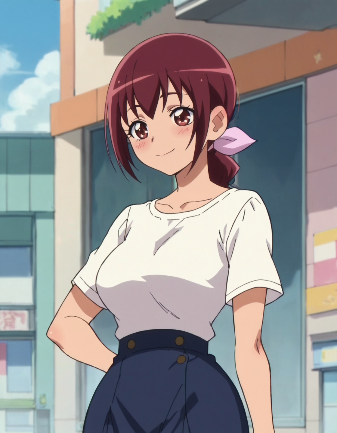 score_9, score_8_up, score_7_up, anime screencap, solo,1girl,hoshizoraikuyo, hair ribbon, white shirt,cowboy shot,smile blush, large breasts,wide hip<lora:hoshizoraikuyo_pony:0.8>