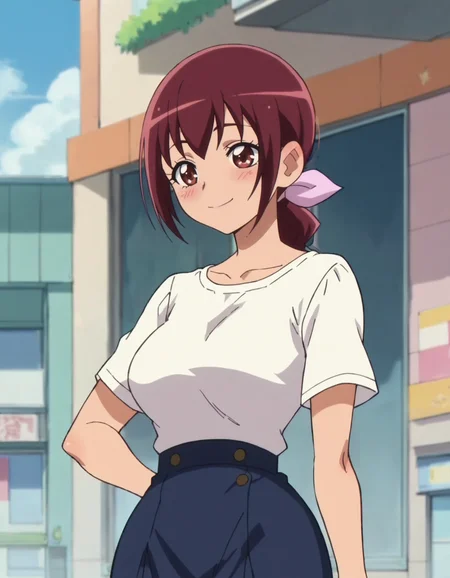 score_9, score_8_up, score_7_up, anime screencap, solo,1girl,hoshizoraikuyo, hair ribbon, white shirt,cowboy shot,smile blush, large breasts,wide hip<lora:hoshizoraikuyo_pony:0.8>