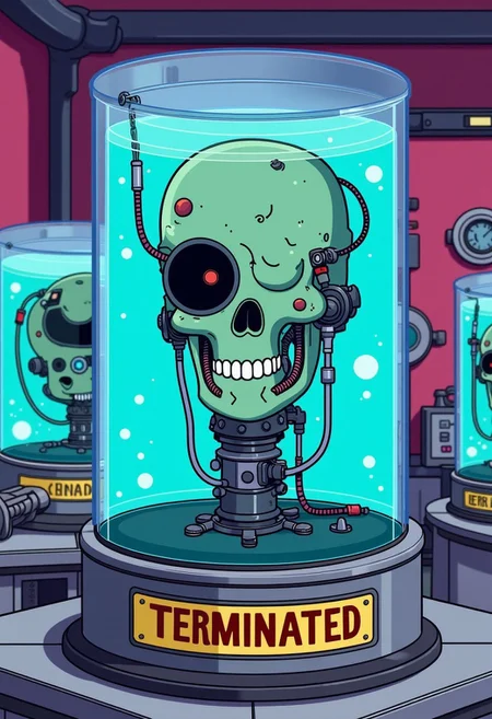 A digital artwork in the style of cknc, image of a Terminator as a 'living head in a jar' inspired by the Futurama series. The head should be in a clear jar filled with a bright blue liquid, with exaggerated tubes and wires connected to it, adding a humorous and whimsical touch. The jar should sit on a metallic stand with a bold, simple nameplate on the front that reads 'TERMINATED.' The background should be a colorful, futuristic lab with other similar cartoon jars, maintaining a playful and light-hearted tone. anime style, key visual, vibrant, studio anime, highly detailed