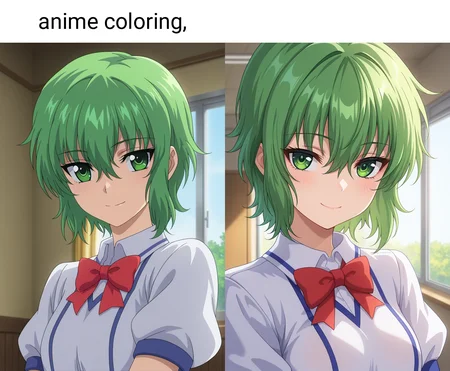 masterpiece, best quality, amazing quality, 1girl, solo, (portrait:1.2), anime coloring, koroneww, green eyes, green hair, short hair, bangs, hair between eyes, school uniform, red bowtie, white school shirt, short sleeves, looking at viewer, smile, indoors, day, skindentation, detailed clothing folds, depth of field, sharp, high contrast, dynamic light <lora:Korone_Ichiban_Ushiro_no_Daimaou_ill_v11:0.9>