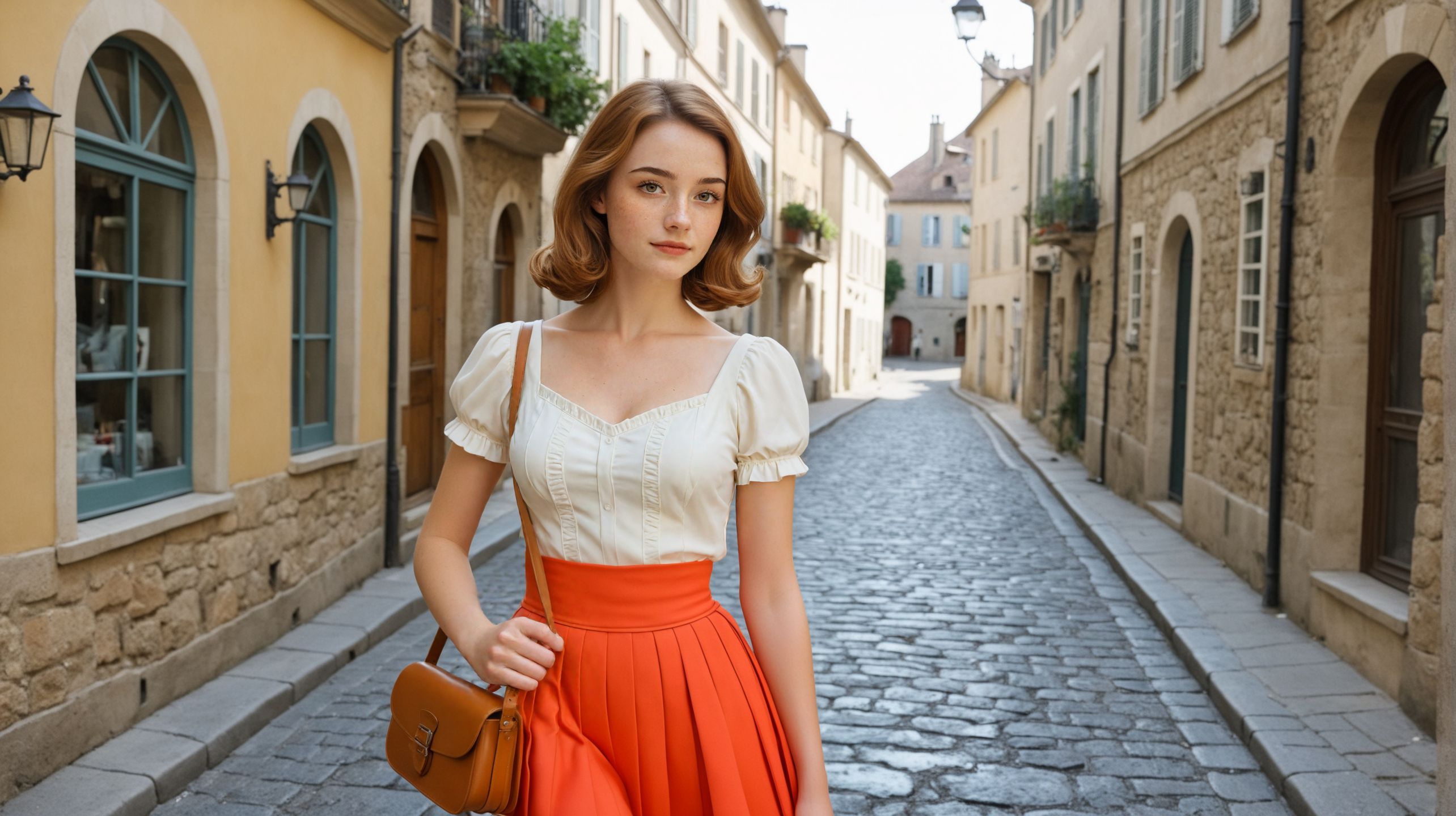 ([cowboy shot|portrait|candid|editorial]:1.1), lazyreal, (cute Olivia_Eneftees:1.2), cleavage focus,  (woman with medium hair and bangs), (style of Saul Leiter), 1950s France, woman with vibrant orange-red hair, soft waves and bangs, wearing a classic pleated flirty short skirt in deep navy blue, tucked blouse in crisp white with short sleeves, subtle vintage details, narrow cobblestone street in a quiet town, small shops and weathered facades in pastel tones, muted midday light, gentle shadows, relaxed posture, holding a small leather satchel, vintage shoes in a deep brown, warm and nostalgic color palette, soft textures, French countryside ambiance, timeless mid-century charm, thoughtful expression, subtle elegance