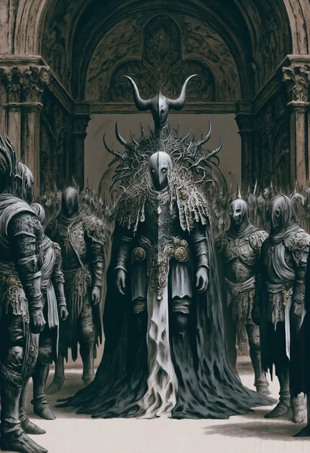ghiblistyle, hkevil, MikeFranchinastyle, berserk style, Surreal art, d4artstyle, d4concept, , made of clay, Kentaro Miura, ZBClay model of a gray sculpture
an imposing scene featuring a group of ominous, armored figures standing in a grand, ancient hall, reminiscent of a dark medieval council. The central figure is the tallest and most imposing, dressed in elaborate, ceremonial armor with a sharp, angular helmet and intricate designs along their chest and shoulders, exuding an air of authority and judgment. Flanking this central figure are five other knight-like characters, each clad in unique, dark, ornate armor, with their own distinctive helmets and symbolic detailing, suggesting a hierarchy or order. One figure wears a helmet adorned with horn-like protrusions, another has a skull motif, and others have designs resembling feathers, masks, or shrouded faces, all of which add to their mysterious and foreboding presence.
Set against a minimalist background to emphasize its unnatural form and grotesque anatomy. Background solid color with a faded dimly lit, black-covered darkness tone that emphasizes its silhouette. The medium is not a traditional painting or illustrative medium like watercolor or ink but rather a digital rendering, eerie and unsettling.