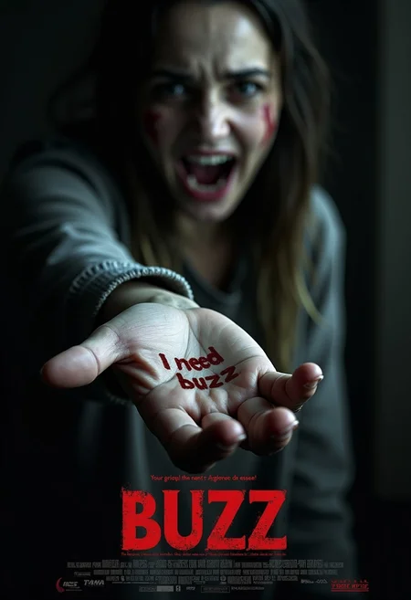 A chilling horror movie poster with title 'Buzz' at top , and subtitle 'Give me a buzz to pray for a better life for you.' at bottom. The poster is showing a terrified woman as she reaches out toward the viewer. In the palm of her hand, stark and haunting text reads 'I need buzz'. Dark background, ominous, eerie, unsettling mood. Include a movie studio logo that reads 'Civitai out of buzz'. The poster aesthetic evoke a sense of dread and mystery, a feeling of unease, portraying a sinister story behind the image.