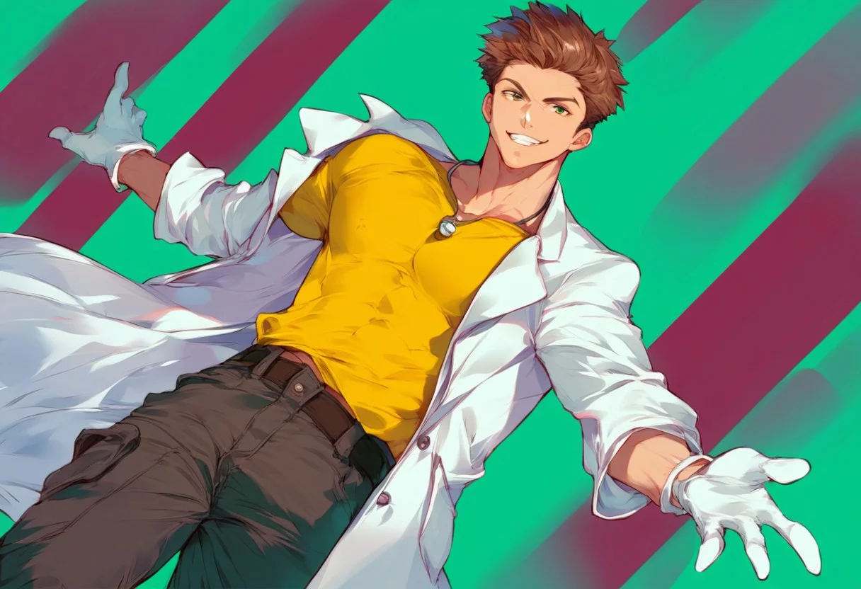 score_9, score_8_up, score_7_up, score_6_up, source_anime, uncensored, source_anime, solo, male focus, 1boy, handsome, lean physique, yellow shirt, white labcoat, white gloves, black cargo pants, scientist, SuperShortHair, brown hair, slick back hair, green background, looking at viewer, evil grin, standing, half body, dutch angle, dynamic scene, Expressiveh, negative_hand, easynegative