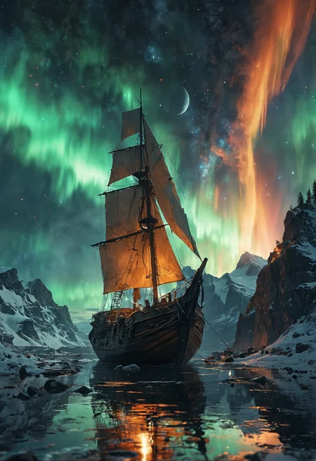Valhalla viking ship flying to the moon through aurora northern lights, solar wind, magnetospheric plasma, ionization, thermosphere/exosphere, cold/warm, milky way background, cosmic, astral, quantic, lucid dream, jaccob ladder, cyberpunk medieval norse celtic art,energy-filled epic science fiction film concept digital art by Maciej Kuciara and Vincent Di Fate, Hasselblad electric camera 70mm film, double long exposure panoramic photo in the style of Ansel Adams <lora:add-detail-xl:1> <lora:MJ52:0.5>