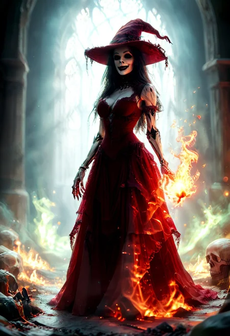 An undead necromancer woman skeleton wearing an wearing reij-rosie, red dress and hat standing a gothic laboratory in full body view, holds a magic book glow with a bluish flame. The woman looks at the cauldron with an evil smile, surrounded by glowing green flames, trapped glowing luminous fae creatures in jars, in dark fantasy style, fantasy concept art, dramatic lighting, cinematic, hyper realistic, sharp focus, ultra high resolution, sharp details, vibrant colors, masterpiece, best quality, highly detailed, sharp focus, dynamic lighting,HKMagic,novuschroma60 style bokeh