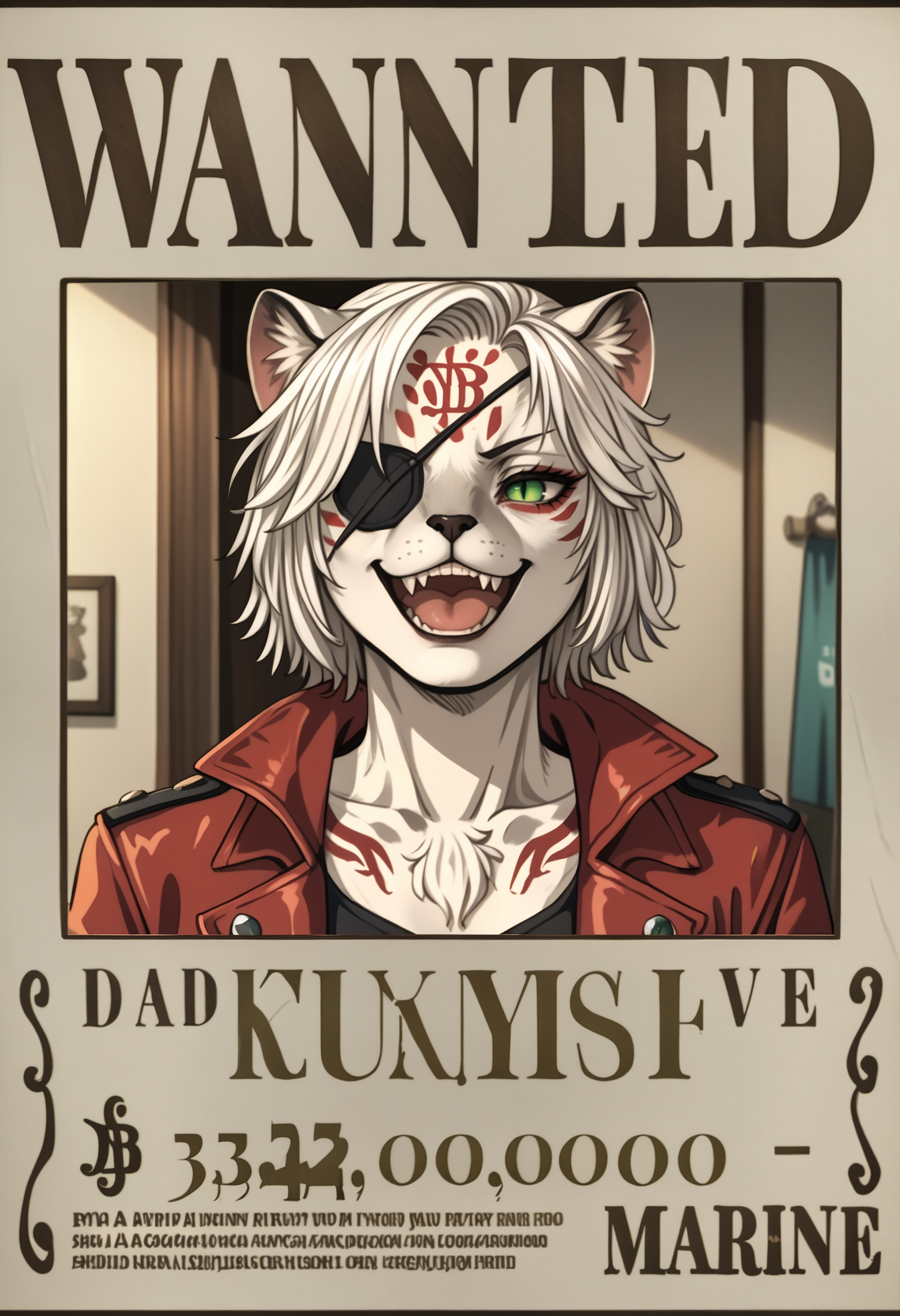 score_9, score_8_up, score_7_up BREAK <lora:clamXIVOC_kjk_jynx:1> solo, 1girl, kjk_jynx, furry female, animal ears, short hair, white hair, facial mark, green eyes, slit pupils, white fur, body markings, eye patch, smug, laughing, jacket, <lora:WantedPoster_pdxl_Incrs_v1:1> wanted, poster, character name, cover, english text