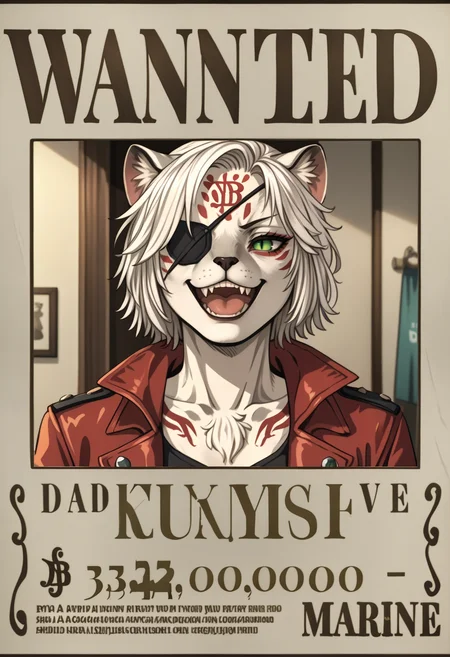 score_9, score_8_up, score_7_up BREAK <lora:clamXIVOC_kjk_jynx:1> solo, 1girl, kjk_jynx, furry female, animal ears, short hair, white hair, facial mark, green eyes, slit pupils, white fur, body markings, eye patch, smug, laughing, jacket, <lora:WantedPoster_pdxl_Incrs_v1:1> wanted, poster, character name, cover, english text
