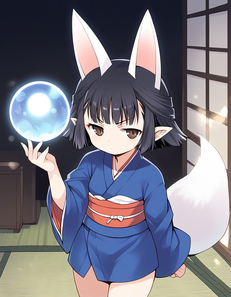score_9, score_8_up, score_7_up, source_anime, rating_explicit, BREAK  <lora:Hasaha_Ver2.0_XL:1> Hasaha, animal ears, black hair, brown eyes, pointy ears, short hair, white tail, short stack,
japanese clothes, blue kimono, crystal ball,  sash, obi,  orb,
Japanroom, tatami,
serious,
looking at viewer, 
cowboy_Shot,