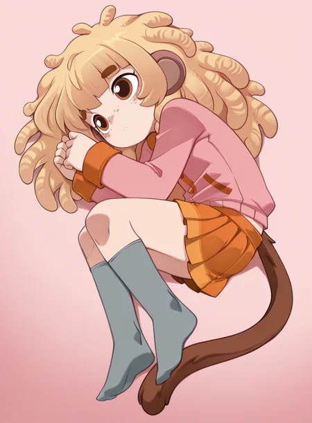 1girl, solo,  <lora:BananaJuju:0.8> bananajuju, blonde hair, brown eyes, freckles, monkey tail,
pajamas, pink pajama top, orange pajama skirt, grey kneehighs, no shoes, lying, propped on elbow, lost in thought, distant gaze, looking at photograph,
 <lora:Bleedman:1> bleedman, extremely detailed, highres, masterpiece, best quality