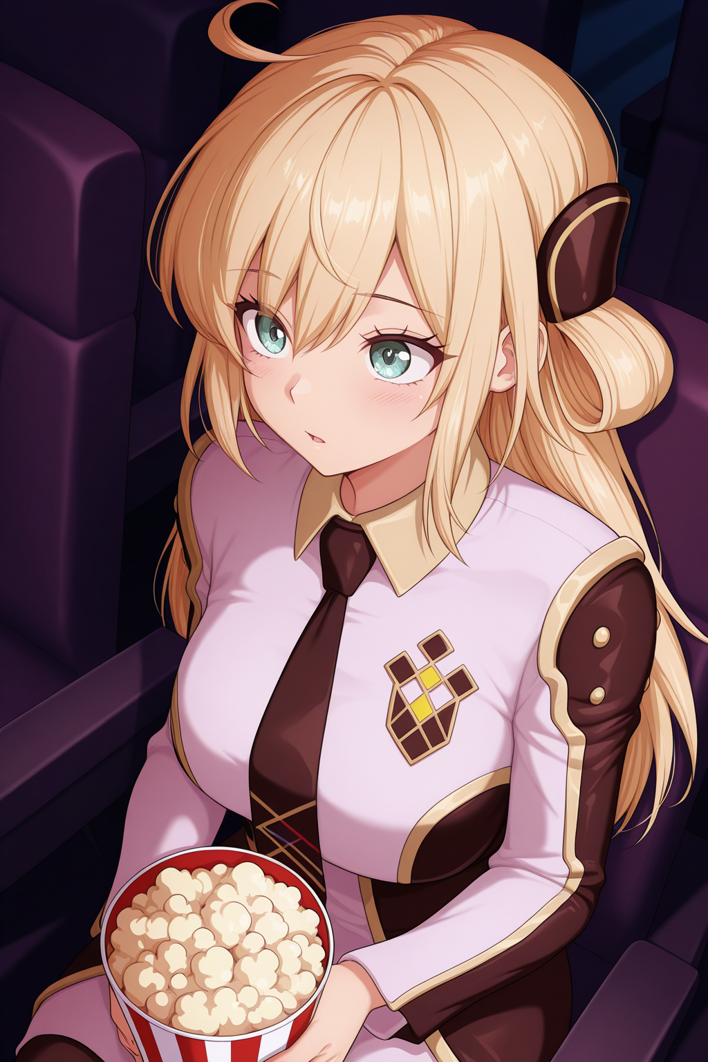 1girl, SkyStrikerAce-RayeYu-Gi-Oh, 
general, solo, perspective, dynamic angle, upper body,
long hair, blonde hair, eyelashes,
breasts,
hair ornament,
collared dress, black necktie, two-tone dress, 
long sleeves,
sitting, holding, popcorn, teadrops,
theater, dark room, 
<lora:kp_SkyStrikerAce-RayeYu-Gi-OhIllustrious_v1_0:1.0>,
masterpiece, best quality, amazing quality
