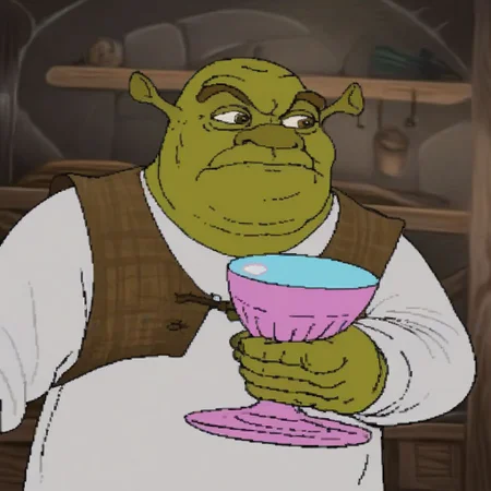 score_9, score_8_up, score_7_up, score_6_up, score_5_up, score_4_up, source_anime, 2D, flat shading, flat color, 1boy, solo, shrek, green skin, standing, holding cup, cup, closed mouth, looking to the side, ((upper body, close-up))