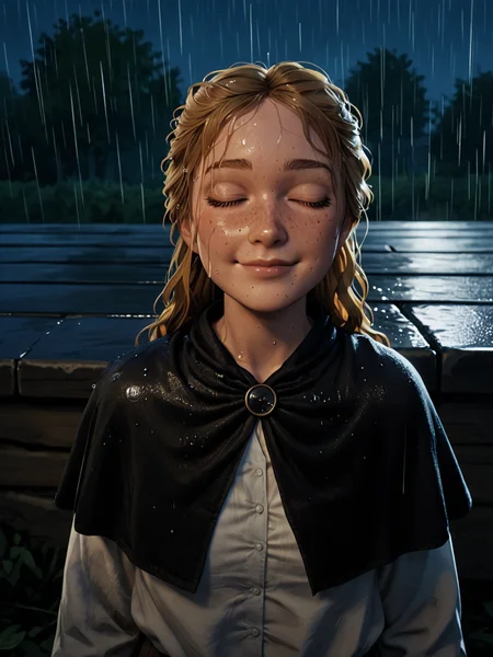 score_9, score_8_up, score_7_up, BREAK, Lillemor, 1girl, solo, long hair, blonde hair, brown eyes, freckles, White shirt, black capelet, night, raining, wet hair, tilts head back, smile, closed eyes, closed mouth, raindrops on face, moonlight, from above <lora:Lillemor:1>
