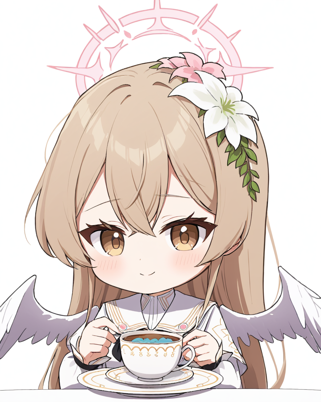 nagisa \(blue archive\),1girl, solo, hair_flower, black_neckerchief, holding_cup, halo, closed_mouth, white_background, tiered_tray, smile, white_shirt, puffy_long_sleeves, chibi, cropped_torso, teacup, upper_body, white_wings, looking_at_viewer, feathered_wings, simple_background, blush_stickers, pink_flower, v-shaped_eyebrows, white_sailor_collar, saucer, cupcake, cake_slice
<lora:nagisa_(blue_archive)_image577_2023-11-28-000015:1>halo. gorgeous,key visual, vibrant, studio anime,award-winning, professional, highly detailed,high budget, cinemascope