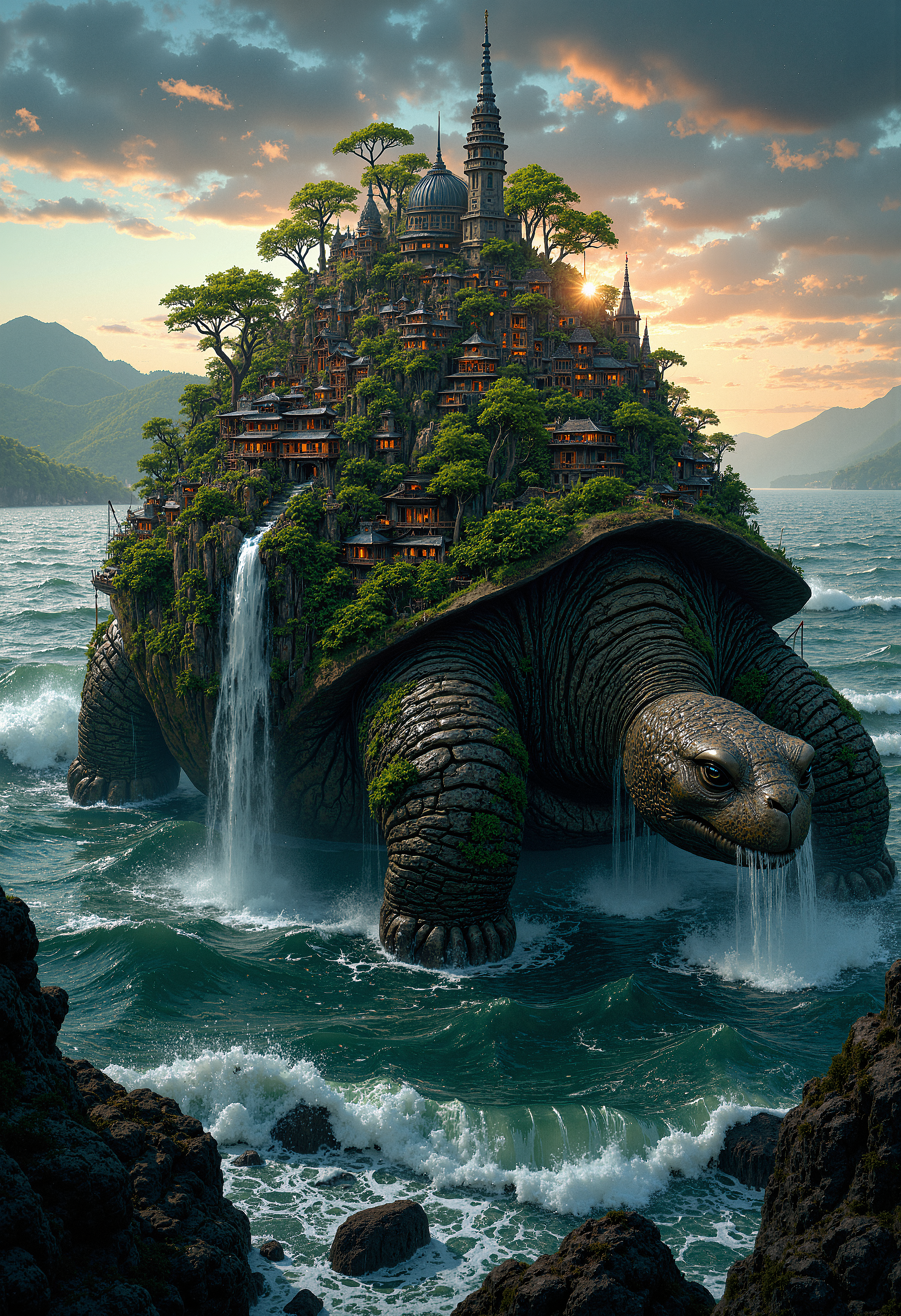 Hyper-realistic scene of a giant ancient tortoise with a city built on its back. The tortoise's shell is covered in lush, dense forest with towering trees, waterfalls cascading down its sides, and a hidden, misty village nestled in the foliage. The city consists of intricately designed buildings that blend seamlessly with the natural environment, featuring rope bridges connecting different sections of the city. The tortoise moves slowly through an endless ocean, with waves gently crashing against its sides. Above, the sky is a mix of warm sunset hues and stars beginning to peek through the twilight. The atmosphere is magical and serene, evoking a sense of wonder and timelessness. The image captures the harmony between nature and civilization, with soft, ambient lighting enhancing the mystical ambiance. The perspective is wide, emphasizing the grandeur of the tortoise and the tiny yet intricate details of the city. <lora:FluxMythP0rtr4itStyle:0.8>