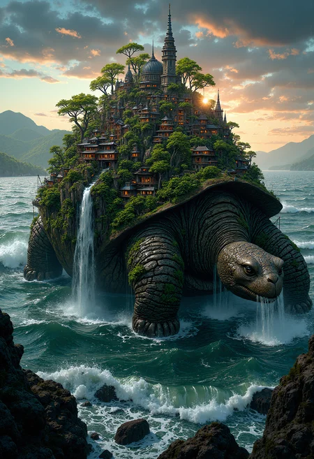 Hyper-realistic scene of a giant ancient tortoise with a city built on its back. The tortoise's shell is covered in lush, dense forest with towering trees, waterfalls cascading down its sides, and a hidden, misty village nestled in the foliage. The city consists of intricately designed buildings that blend seamlessly with the natural environment, featuring rope bridges connecting different sections of the city. The tortoise moves slowly through an endless ocean, with waves gently crashing against its sides. Above, the sky is a mix of warm sunset hues and stars beginning to peek through the twilight. The atmosphere is magical and serene, evoking a sense of wonder and timelessness. The image captures the harmony between nature and civilization, with soft, ambient lighting enhancing the mystical ambiance. The perspective is wide, emphasizing the grandeur of the tortoise and the tiny yet intricate details of the city. <lora:FluxMythP0rtr4itStyle:0.8>