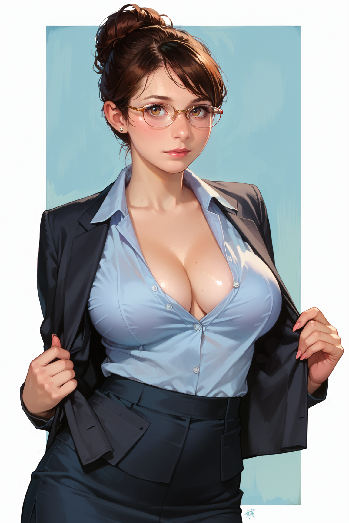 score_9, score_8_up, score_7_up, score_6_up, content_explicit, source_anime, high quality, high contrast, realistic, 1girl, solo,brown hair, hair bun, office lady, business suit,  large breasts, shiny skin, pale skin, sidelit, <lora:BU$T33@lli_02:0.9>, simple background, blue background, white border, undressing, partially unbuttoned, cleavage, semi-rimless eyewear,