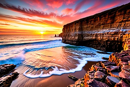 <lora:pytorch_lora_weights_361535:1>,A professional scenic photography of a dramatic coastal cliff with a natural tide pool, where crashing waves and a breathtaking sunset serve as a stunning backdrop,