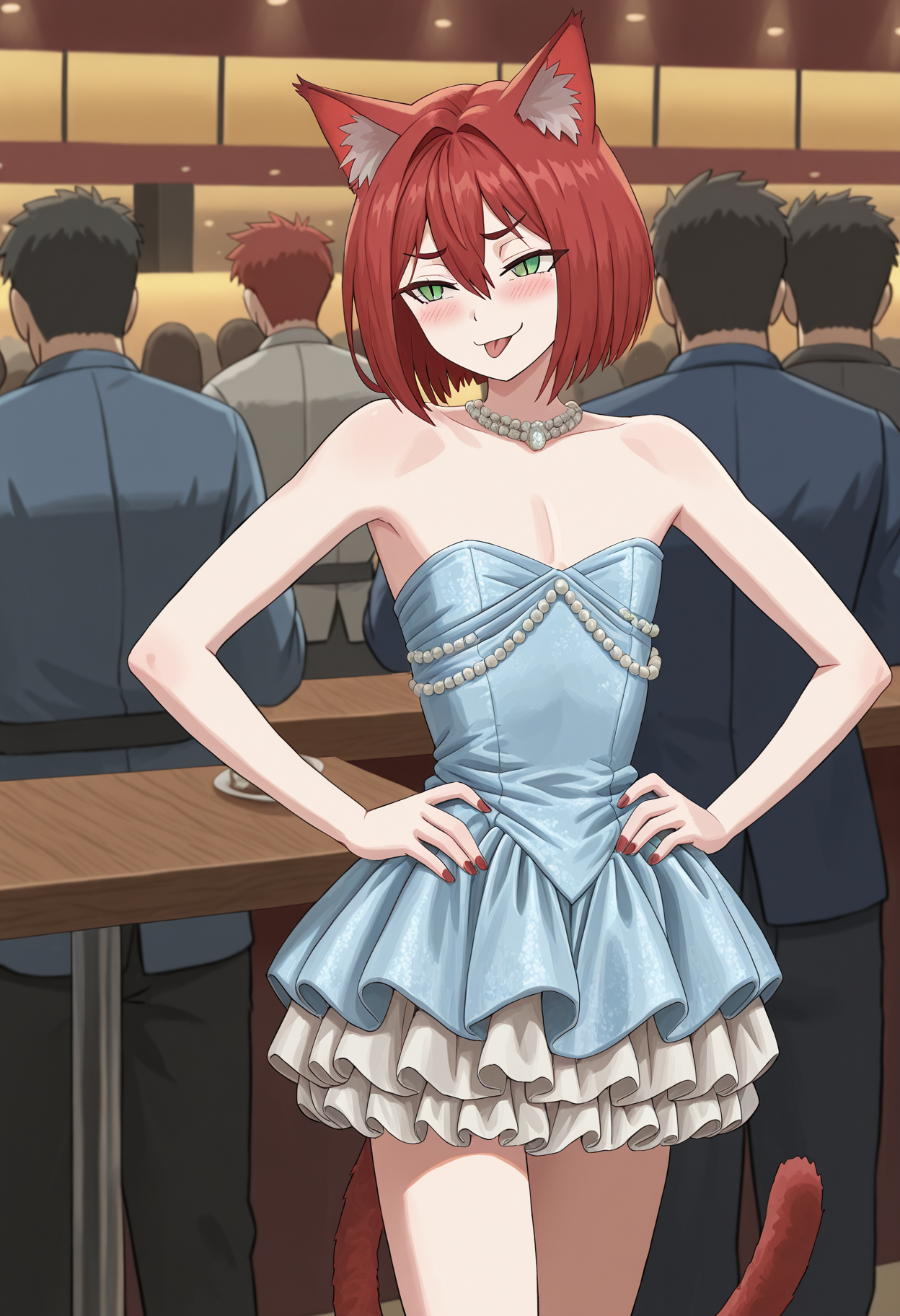 1boy, trap, flat chest, skinny, catboy, red tail, red cat ears, bob hair, red hair, green eyes, slit pupils,
standing, crowded, restaurant,   blush, smug, hands on hips,   tongue out, 
cowboy shot,
<lora:godavianashortvictoriandressIL:1.4>, godavianavictoriandress1,  jacquard dress, strapless, short dress, puffy skirt, sleeveless dress, frills, lace, blue dress, pearl (gemstone), jewelry, 
masterpiece,best quality,amazing quality,    <lora:FunatsuKazukiIL-style:0.8>,